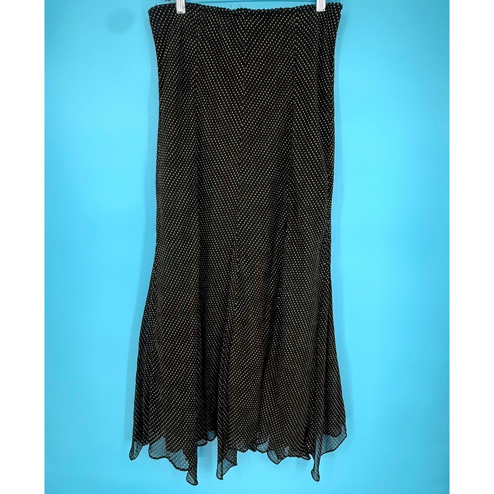 Alfani Womens Black Gold Silk Polka Dot Flare Hem Midi Skirt Size 12 Y2K sheer